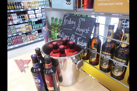 Waitrose Swindon has a space that has been carved out from the beers, wines and spirits; on its top there is a champagne bucket informing shoppers of a forthcoming “Fullers ale tasting”.